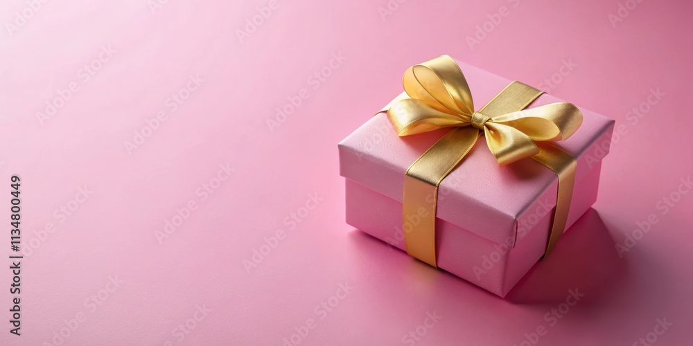Pink gift box with gold ribbons on pink background, gift, present, celebration, surprise, holiday, decoration, festive, luxury Pink gift box with gold ribbons on pink background, gift, present, celebration, surprise, holiday, decoration, festive, luxury