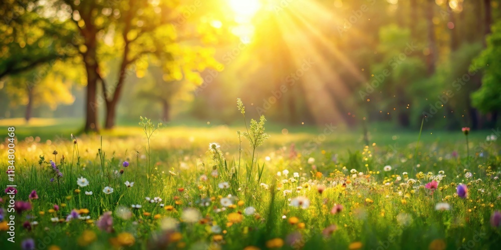Obraz premium A sunlit meadow with wildflowers and trees in the background, showcasing the beauty of nature's vibrant colors and the warmth of a golden sunset