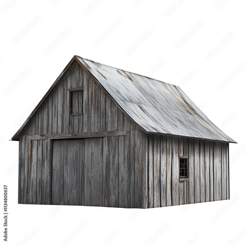 Naklejka premium Rustic Wooden Barn with Metal Roof and Windows