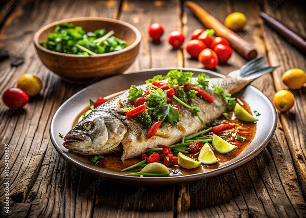 Captivating Tilt-Shift Photography of a Delicious Boiled Fish Dish Surrounded by Fresh Herbs and Spices, Perfect for Culinary and Food Photography Enthusiasts Captivating Tilt-Shift Photography of a Delicious Boiled Fish Dish Surrounded by Fresh Herbs and Spices, Perfect for Culinary and Food Photography Enthusiasts