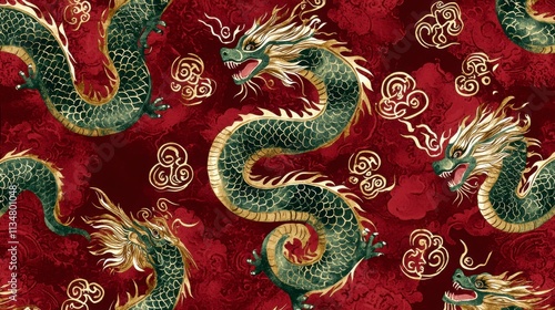 Wallpaper Mural Elegant Dragon Pattern on Rich Red Background with Golden Highlights Torontodigital.ca