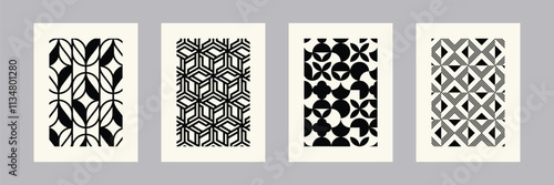Retro black and white geometric pattern background, vector abstract circle, triangle and square lines art. Trendy bauhaus pattern backgrounds op-art set
