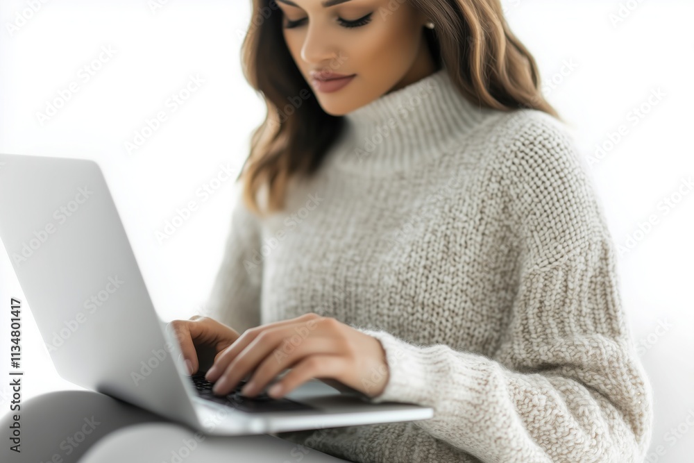 Naklejka premium Young woman wearing a cozy sweater is diligently typing on her laptop, focused on her remote work in a brightly lit setting, creating a serene and productive atmosphere