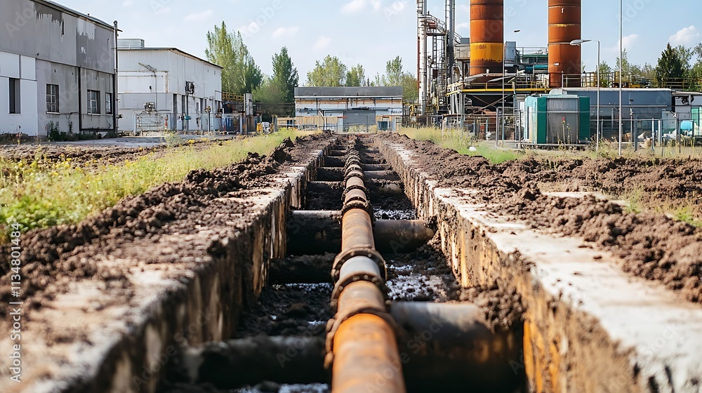 A factory with waste pipes leading into the ground, visibly contaminating the surrounding soil. A factory with waste pipes leading into the ground, visibly contaminating the surrounding soil.