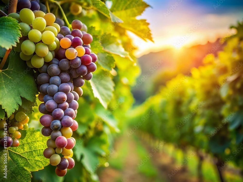 Naklejka premium Captivating Tilt-Shift Photography of Ripening Grapes in a Lush Vineyard Under Blue Skies with Sunlight Filtering Through Leaves, Creating a Beautiful Miniature Effect