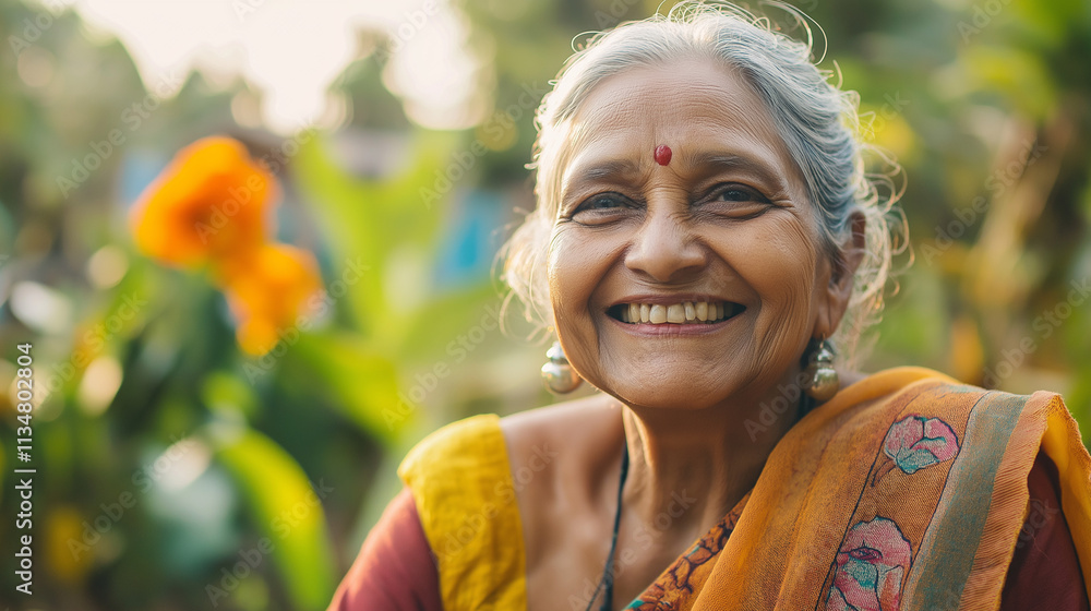 Elderly indian woman smiling in garden with traditional attire and vibrant background Elderly indian woman smiling in garden with traditional attire and vibrant background