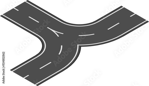 Y shaped highway intersection joining two roads, creating a fork in the road, symbolizing a choice of path or direction, isolated on white background