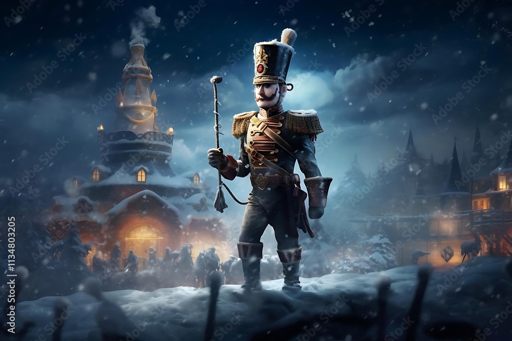 Fototapeta premium A toy soldier stands in a snowy, whimsical town at night.