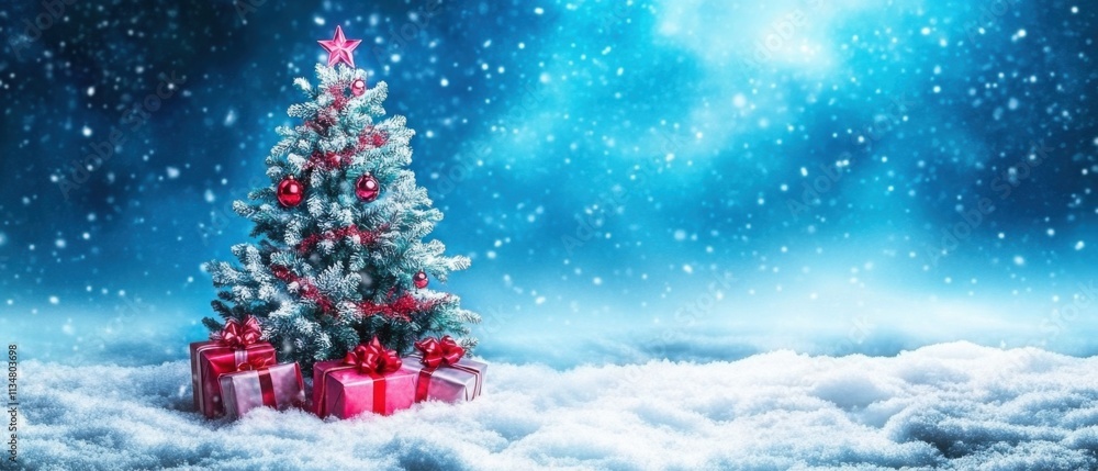 Magical Snowy Christmas Scene: Decorated Tree with Presents Under Falling Snow Magical Snowy Christmas Scene: Decorated Tree with Presents Under Falling Snow