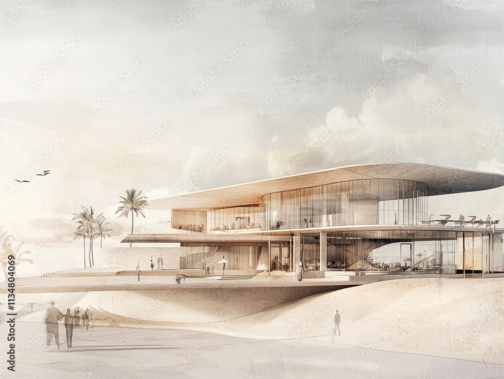 A sleek, modern architectural design featuring large glass windows, surrounded by palm trees and a serene beach setting. A sleek, modern architectural design featuring large glass windows, surrounded by palm trees and a serene beach setting.