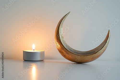 clean white surface with single glowing candle displayed beside decorative crescent moon ornament photo