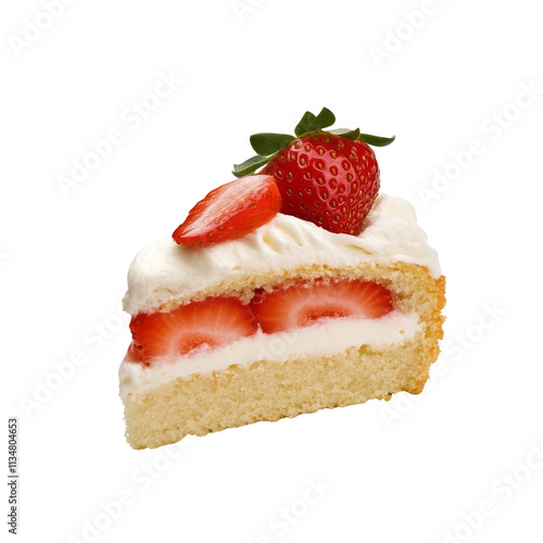 A slice of cake layered with fresh strawberries and creamy frosting, topped with a whole strawberry and mint.