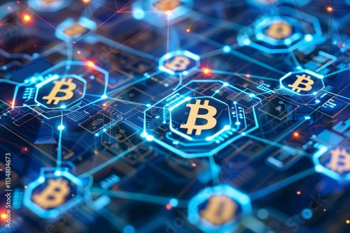 A vibrant digital network showcases Bitcoin symbols interconnected through glowing lines, representing blockchain technology in a high-tech environment during nighttime.