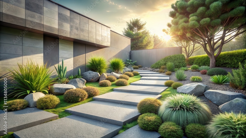 Fototapeta premium Stone steps leading up to a modern house with a lush garden designed with a variety of greenery and large rocks, all bathed in the warm glow of a setting sun