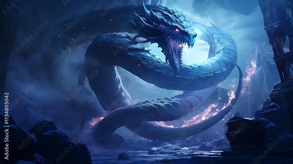 A colossal ice dragon, mouth agape, coils in a dark, mystical cave, flames illuminating its scales. A colossal ice dragon, mouth agape, coils in a dark, mystical cave, flames illuminating its scales.