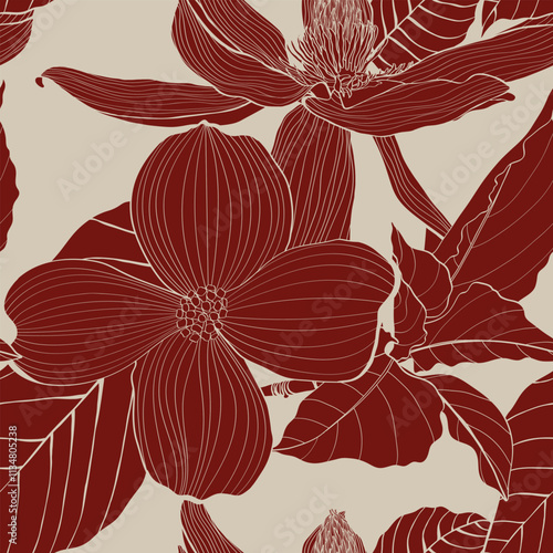 Dogwood branch with flowers, magnolia seamless pattern. Cornus florida.  Line drawing. Black background.