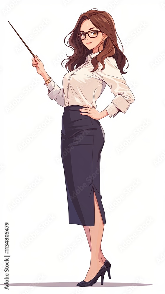 Elegant anime female teacher with long brown hair, glasses, and a pointer. Wearing a white blouse, pencil skirt, and heels, standing confidently against a white background Elegant anime female teacher with long brown hair, glasses, and a pointer. Wearing a white blouse, pencil skirt, and heels, standing confidently against a white background