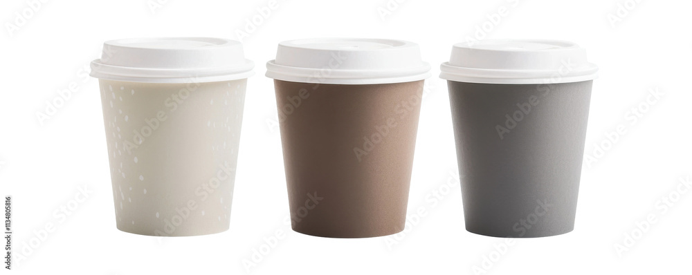 Three Disposable Coffee Cups Isolated on PNG Transparent Background Three Disposable Coffee Cups Isolated on PNG Transparent Background