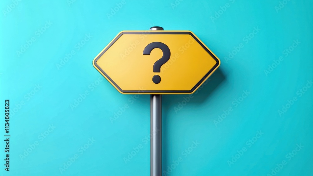 A yellow hexagonal road sign with a black question mark on a blue background. The sign is mounted on a silver pole. A yellow hexagonal road sign with a black question mark on a blue background. The sign is mounted on a silver pole.