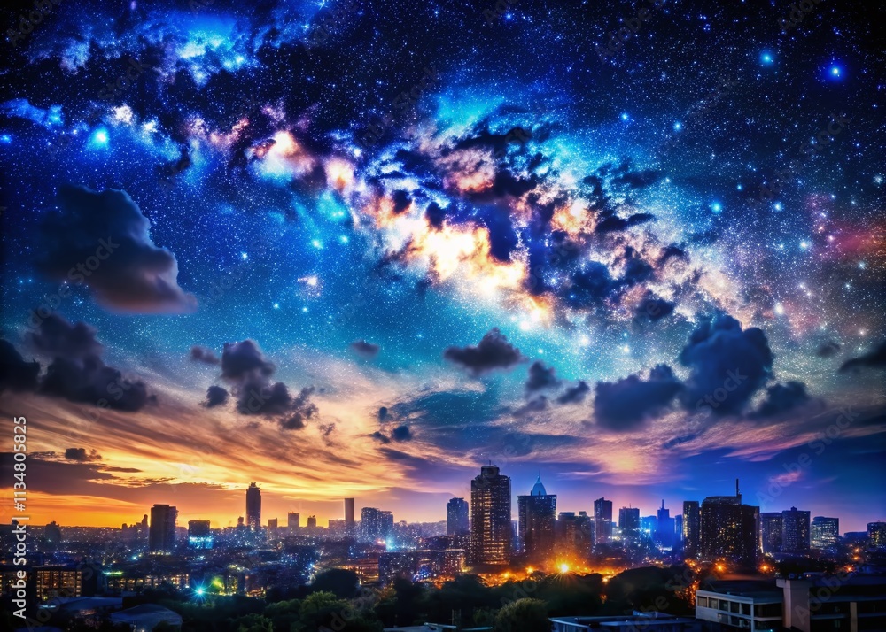 Fototapeta premium Captivating Urban Nightscape Under Dark Blue Sky Filled with Clouds and Stars – Perfect for Use as a Copy Space Background in Various Creative Projects