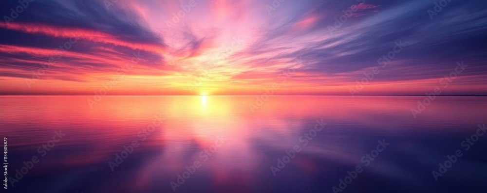 Fototapeta premium Vibrant Sunset Over Calm Waters with Purple Orange and Yellow Sky Dreamy Scenic Landscape