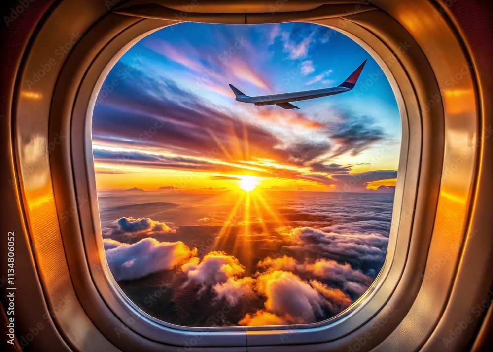 Fototapeta premium Captivating View of a Big Sun Setting Over the Horizon from an Airplane Window During a Beautiful Flight Experience at Sunset