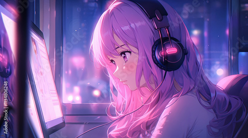 Anime-style young woman with pink hair wearing glowing headphones, sitting by a computer screen with a colorful cityscape outside a window at night