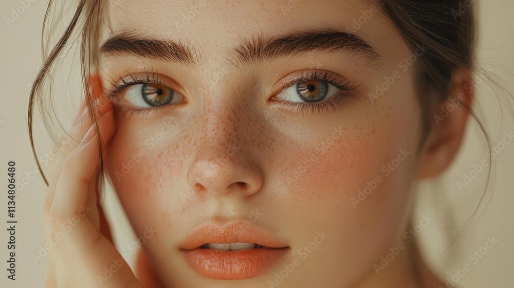 Close-up portrait of a freckled woman with glowing skin Close-up portrait of a freckled woman with glowing skin