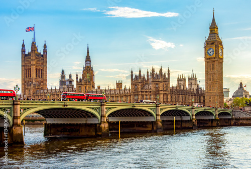 Obraz na płótnie Houses of Parliament with Big Ben tower and Westminster bridge at sunset, London, UK w salonie