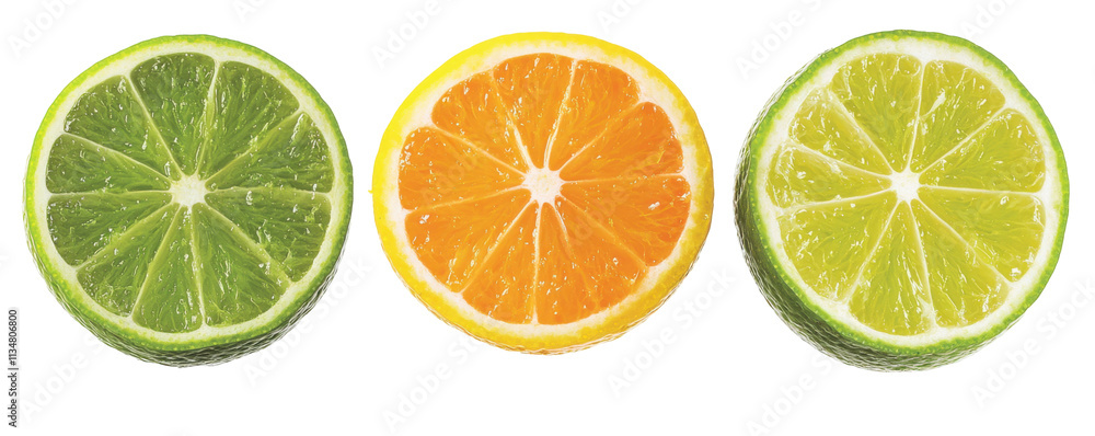 Fototapeta premium Lime, Orange, and Lime Slices Isolated on PNG Transparent Background
