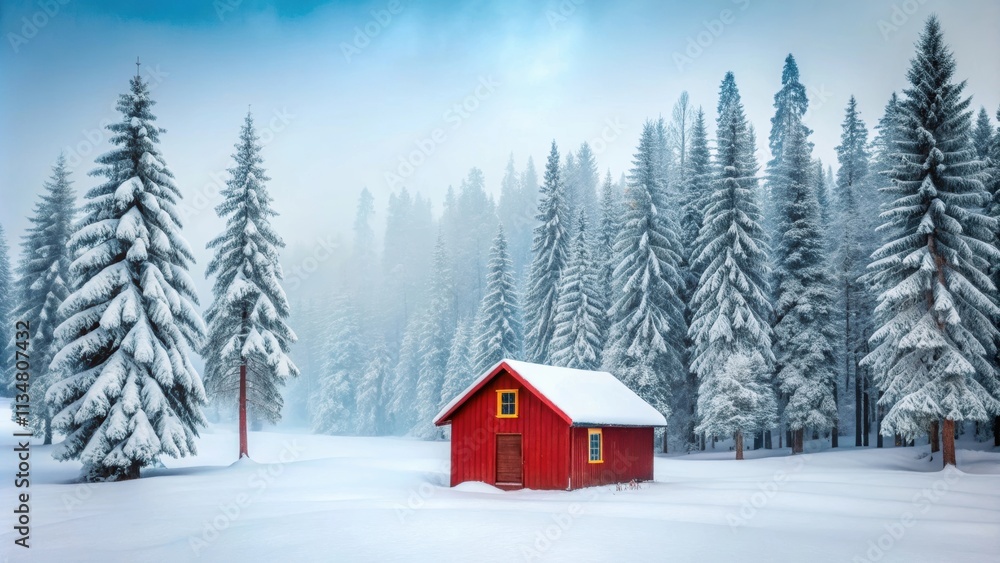 Serene red cabin in snowy forest with tall pine trees in misty winter landscape , Winter, cabin, forest, red, snow, pine trees Serene red cabin in snowy forest with tall pine trees in misty winter landscape , Winter, cabin, forest, red, snow, pine trees