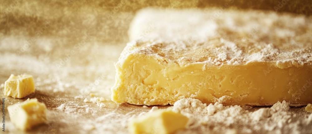 A block of golden butter dusted with flour, hinting at rich, home-style baking. A block of golden butter dusted with flour, hinting at rich, home-style baking.