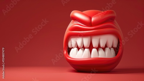 3d real emoji angry teeth face isolated on plain red studio background with text copy space