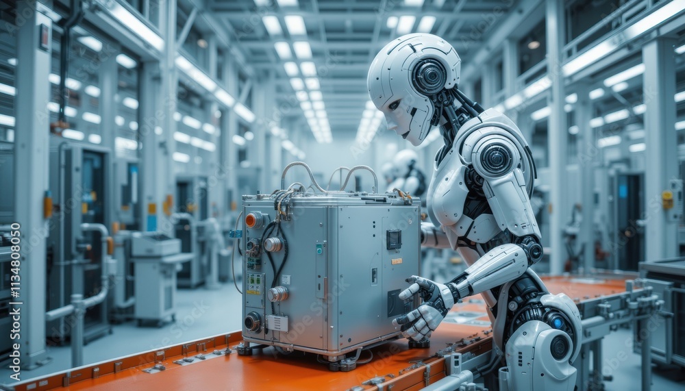 Futuristic Robot Inspecting Industrial Component on Assembly Line Futuristic Robot Inspecting Industrial Component on Assembly Line