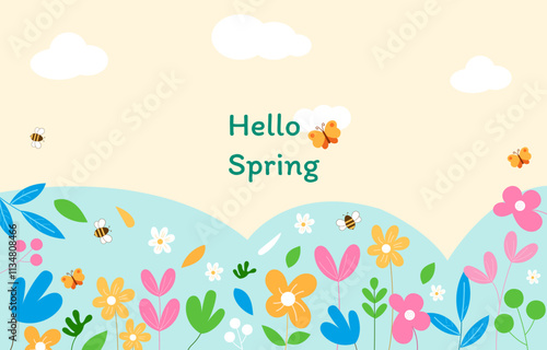 Spring background.Colorful cute floral background with flowers, leaves, bee, butterfly and clouds.