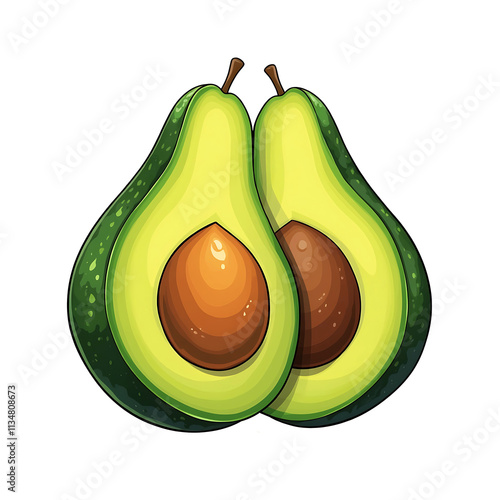 Ripe avocado cut in Whole and half with stone exposed. Vector illustration.