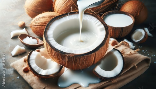 Halved coconuts, pouring coconut milk, with a bowl of coconut and a wooden spoon on a rustic surface..Concept: Natural coconut products, healthy beverage, fresh, raw food, tropical vibe.