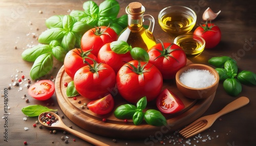  Fresh tomatoes, basil, olive oil, and spices on a wooden board...Concept: Fresh ingredients, italian cuisine, healthy eating, vibrant colors, cooking concept.