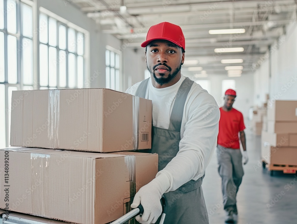 Warehouse Workers Transporting Cardboard Boxes in Bright Industrial Facility Warehouse Workers Transporting Cardboard Boxes in Bright Industrial Facility