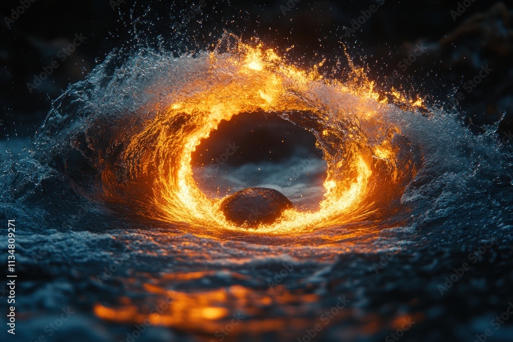 Dramatic Clash of Water and Fire in Surreal Circular Harmony of Earth, Wind, Fire, Air and Water Dramatic Clash of Water and Fire in Surreal Circular Harmony of Earth, Wind, Fire, Air and Water