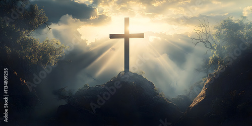 Silhouette Holy cross concept symbol on top mountain Resurrection background with sunlight