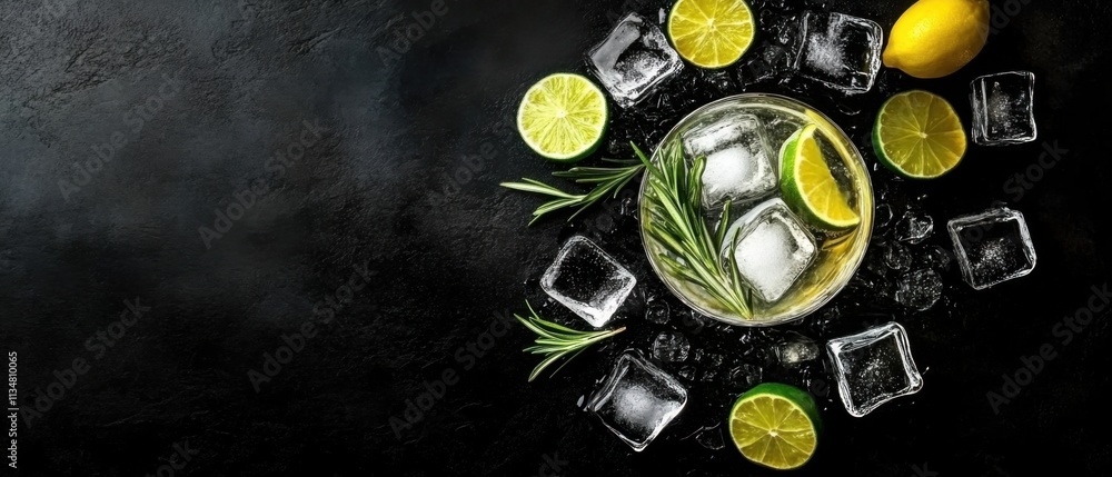 Refreshing Gin and Tonic Cocktail with Lime, Rosemary, and Ice Refreshing Gin and Tonic Cocktail with Lime, Rosemary, and Ice