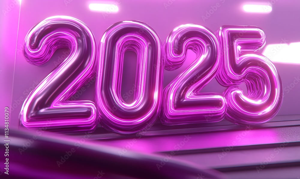 Metallic pink 2025 text on floor with neon glow.
