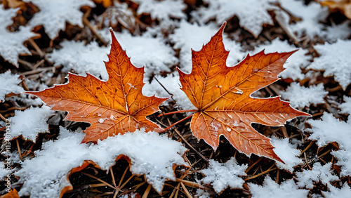 Autumn Leaves in First Snow Winter s Embrace photo