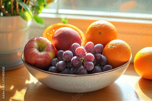 A bowl of assorted fresh fruits including apples, oranges, grapes, and a slice of orange.
