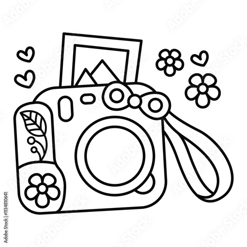 Hand Drawn Cute Camera Icon Coloring Book Vector Illustration. Bold and Easy Designs for Adults and Kids. Coloring Sheet for Stress Relief and Relaxation