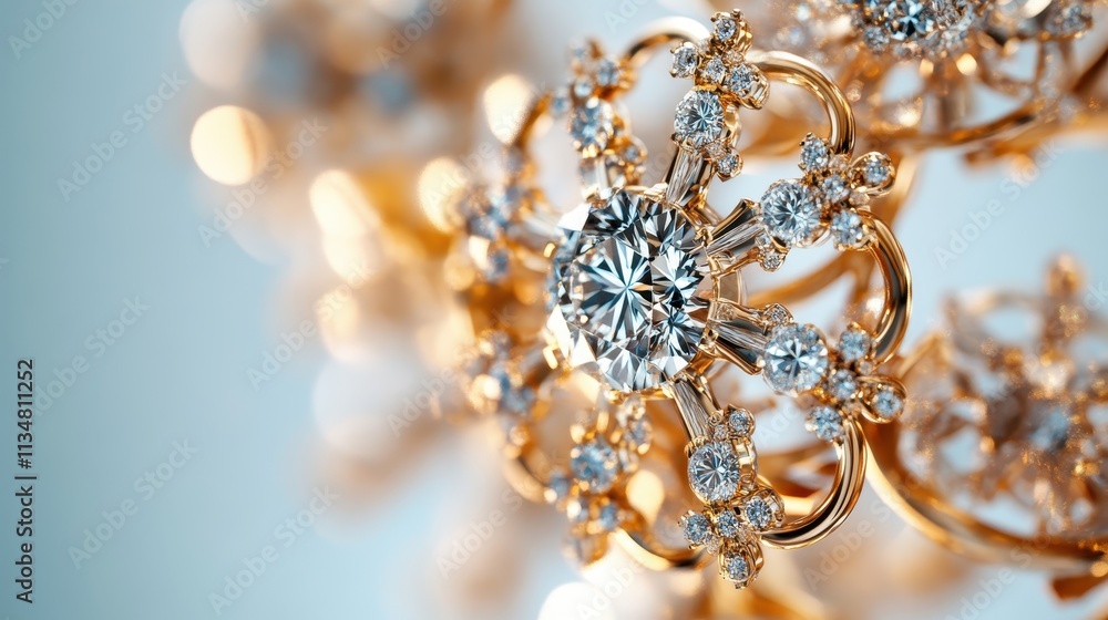 Exquisite Close-Up of Sparkling Diamond Jewelry with Intricate Gold Design and Brilliant Clarity Set Against a Soft Blue Background for Luxury Aesthetic Exquisite Close-Up of Sparkling Diamond Jewelry with Intricate Gold Design and Brilliant Clarity Set Against a Soft Blue Background for Luxury Aesthetic