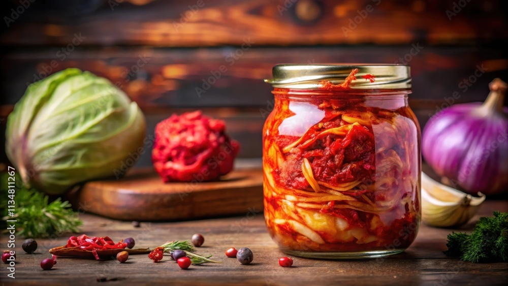 A jar of fermented cabbage and vegetables, a rustic kitchen still life with a wooden backdrop. A jar of fermented cabbage and vegetables, a rustic kitchen still life with a wooden backdrop.