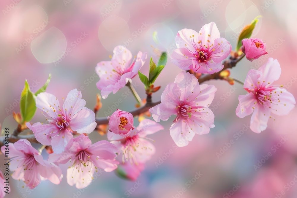 Naklejka premium A branch adorned with vibrant pink cherry blossoms reveals stunning petals, symbolizing the beauty of spring as sunlight enhances their delicate charm.