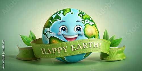 Cartoon Planet Earth with Green Ribbon and Happy Earth Day Text for Eco-Friendly Design Celebrating Environmental Protection and Global Awareness on Earth Day photo